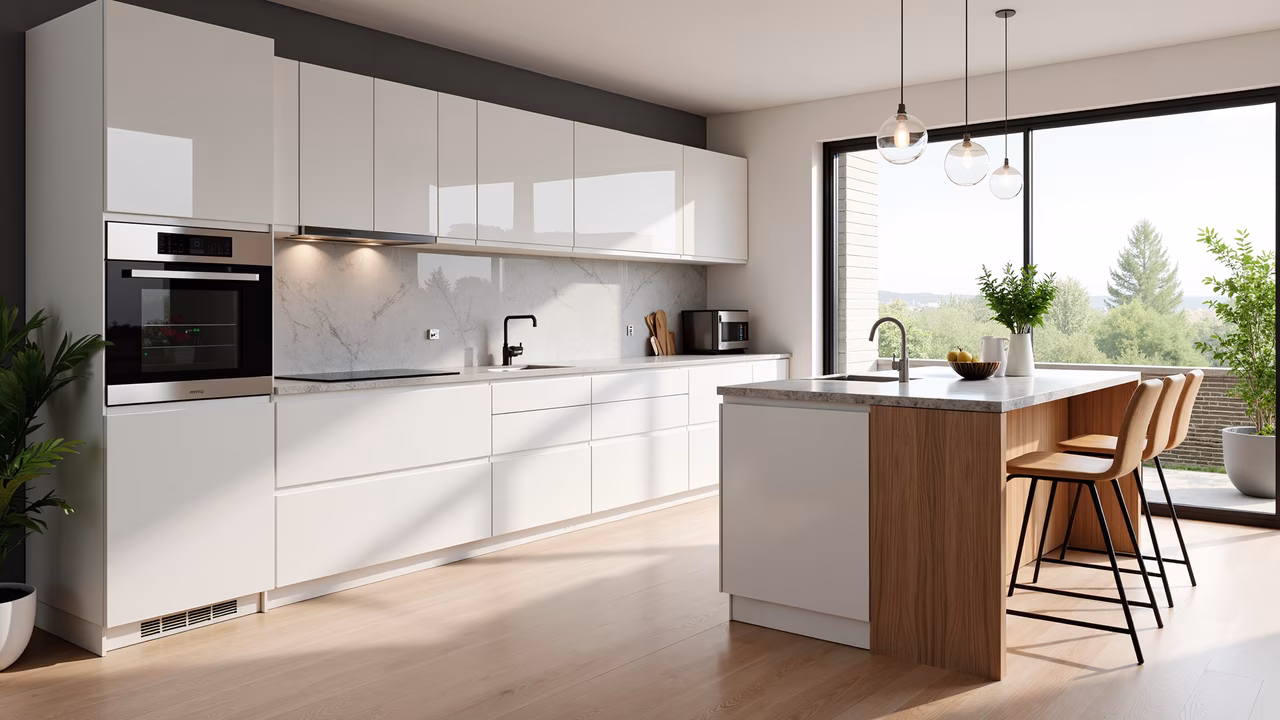 Modern kitchen with sleek white cabinetry and marble backsplash, illuminated by natural light.
