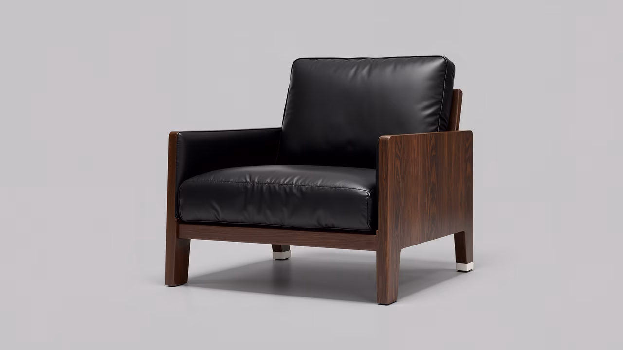 Minimalist modern leather chair with dark wood and black leather upholstery.