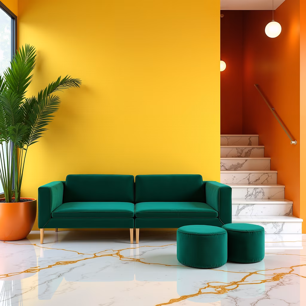 Bold colors and luxurious materials create a modern and stylish living room interior.