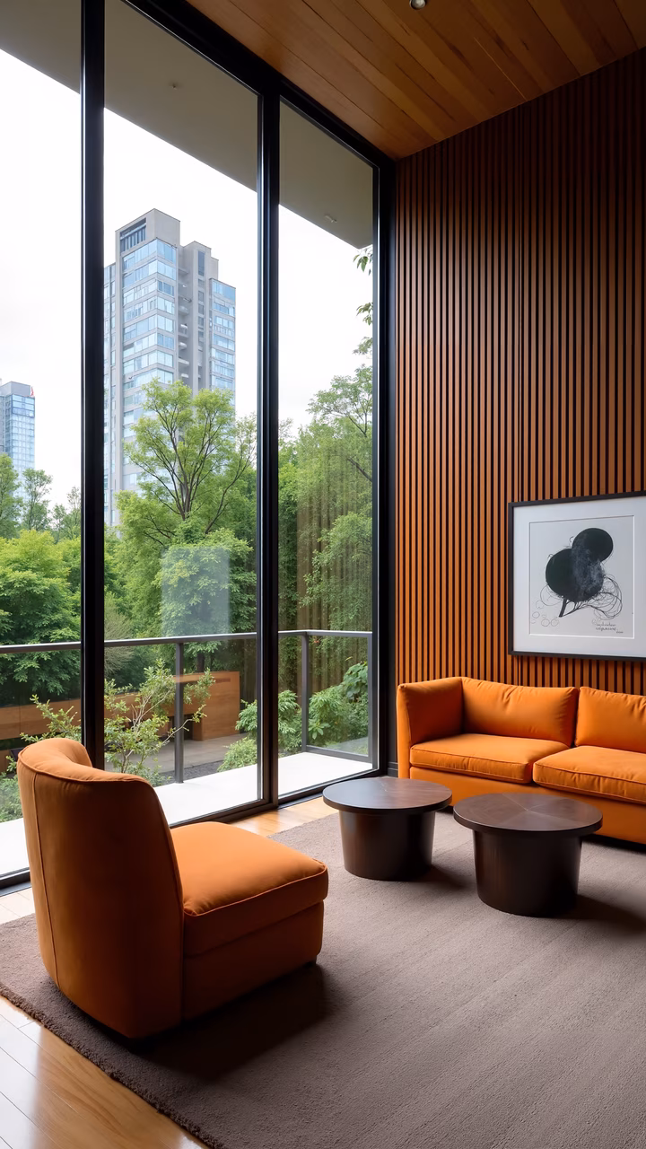 Modern living room with orange furniture and urban view