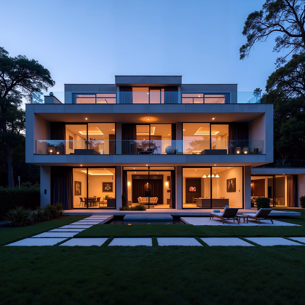 Modern mansion illuminated by evening light, showcasing luxury and serenity.