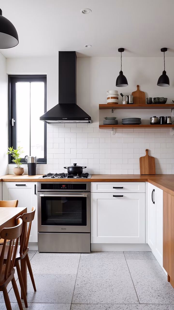 A modern, minimalist kitchen with white cabinetry and wooden accents.