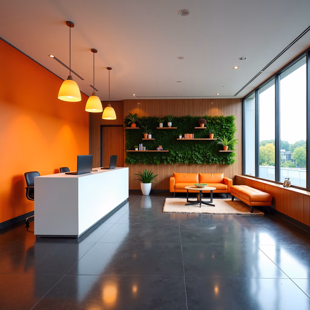 Modern office reception with white desk, orange accents, and natural greenery.