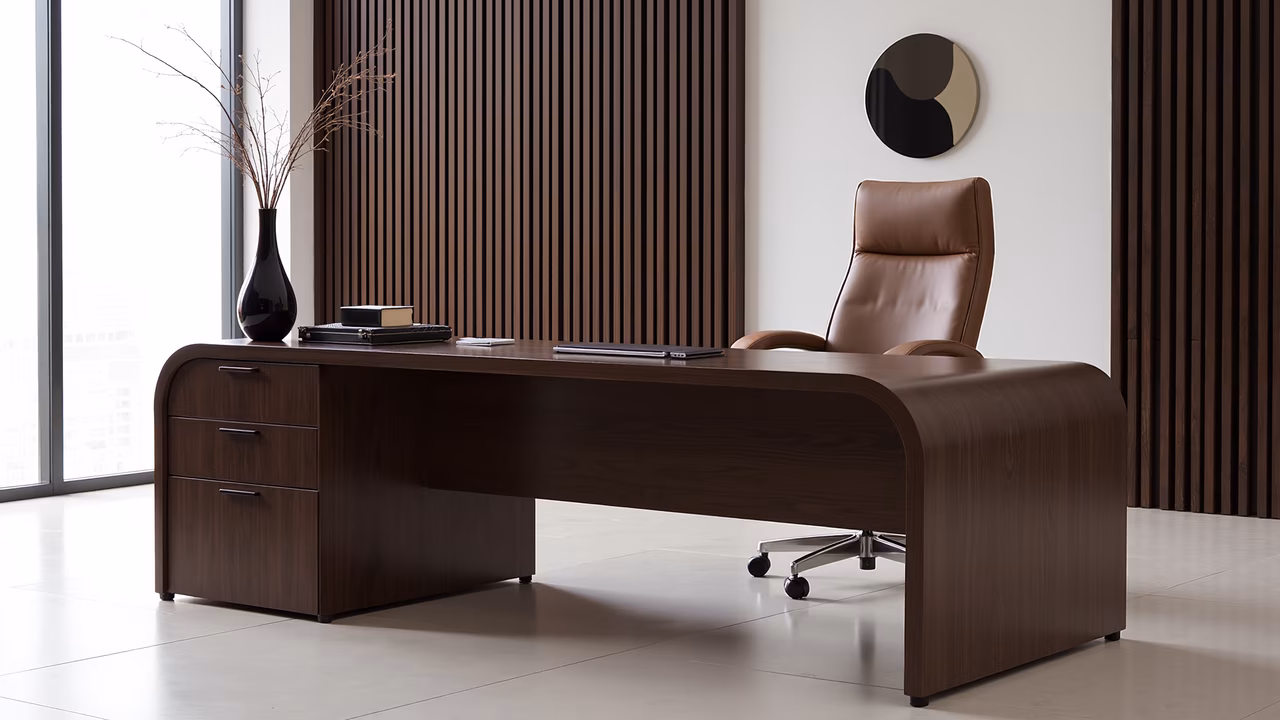 Minimalist office design with dark wood furniture and natural light.