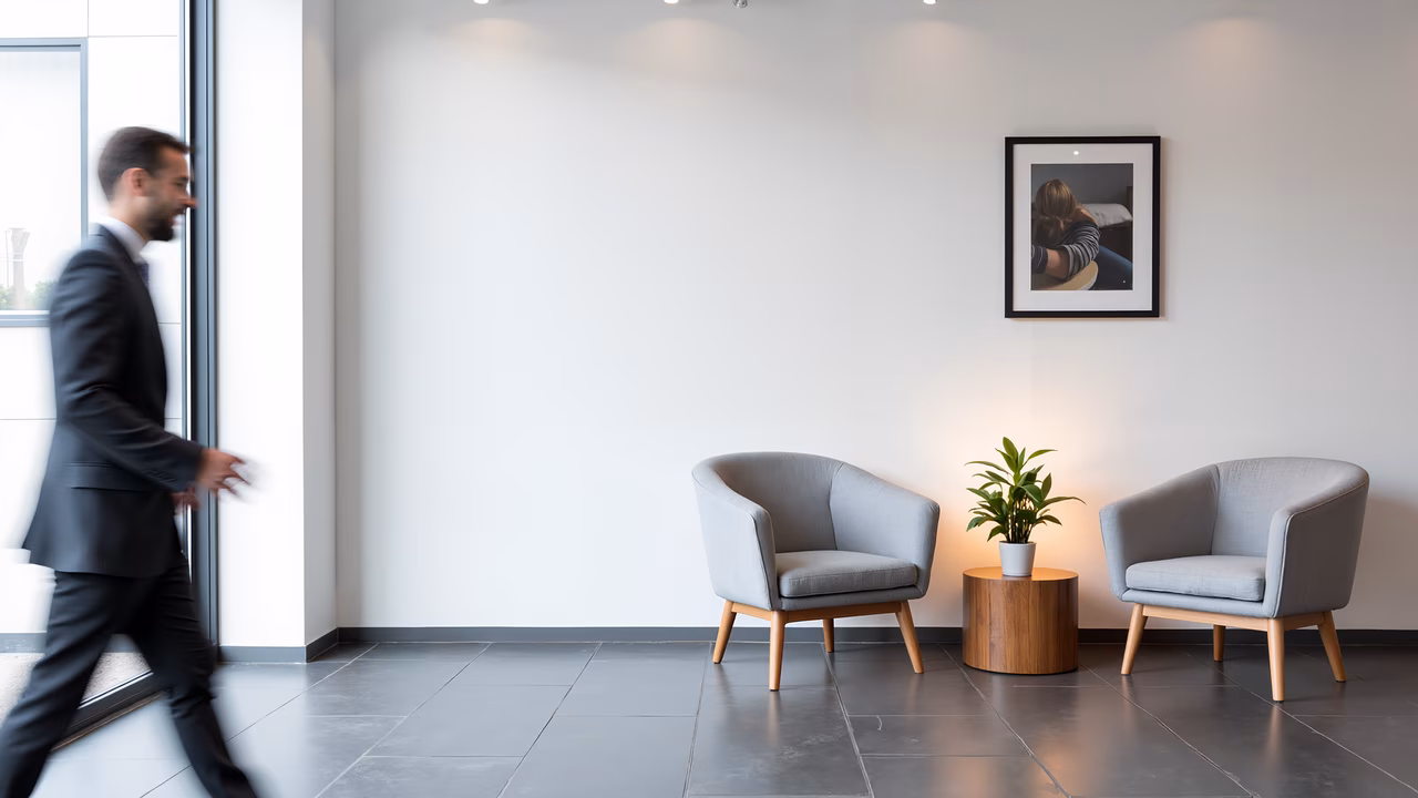 Minimalist office waiting area with modern chairs and a calming atmosphere.