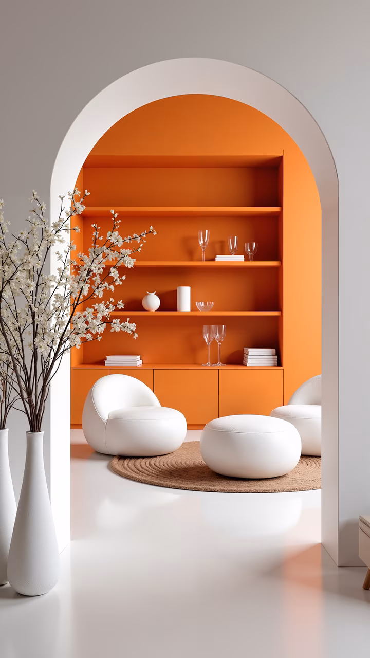 Modern interior design with vibrant orange archway and minimalist white furniture.
