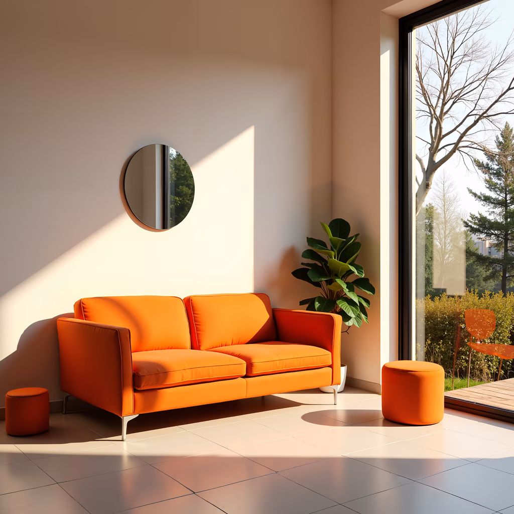 Bright orange sofa in a minimalist modern living room with natural light and greenery.