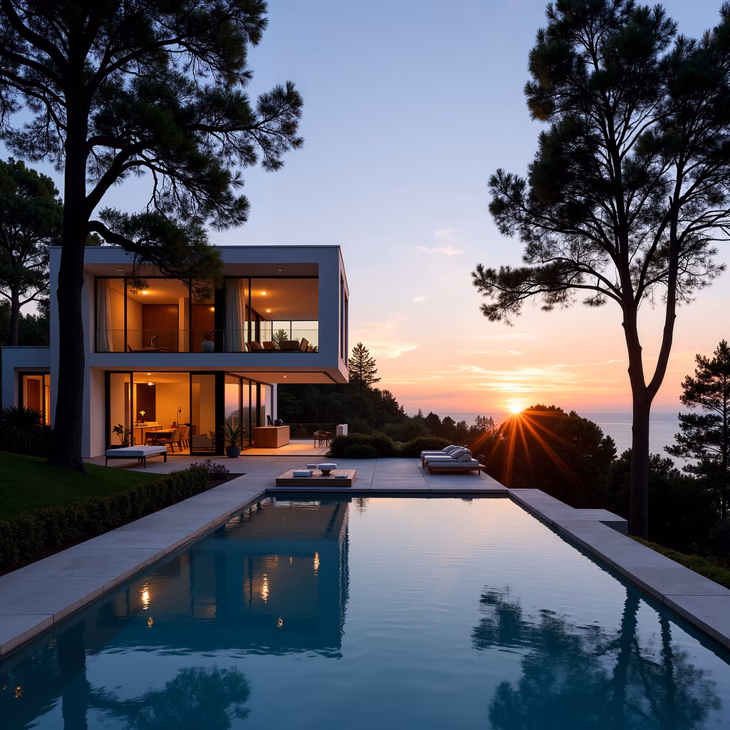 Modern villa with infinity pool at sunset, showcasing architectural elegance and tranquility.