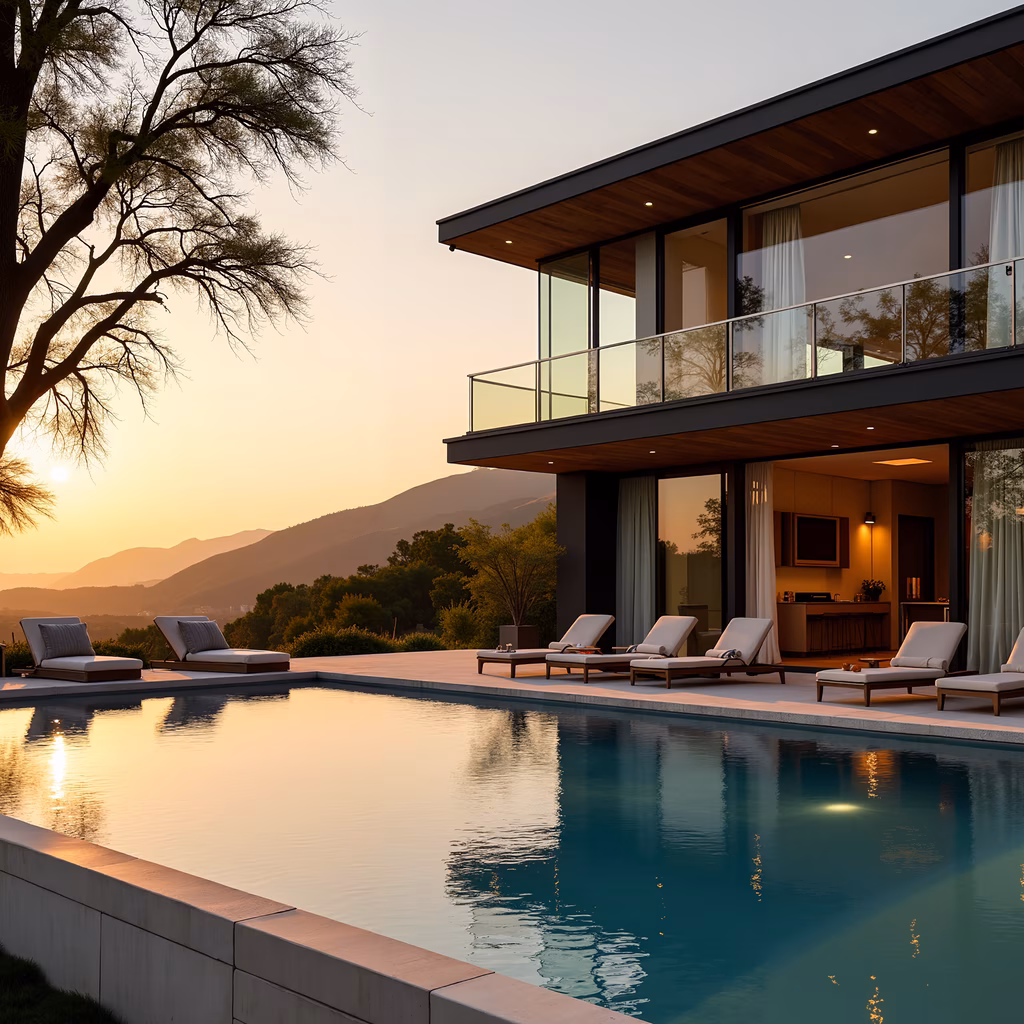 Modern villa with pool and loungers at sunset, offering a serene retreat.