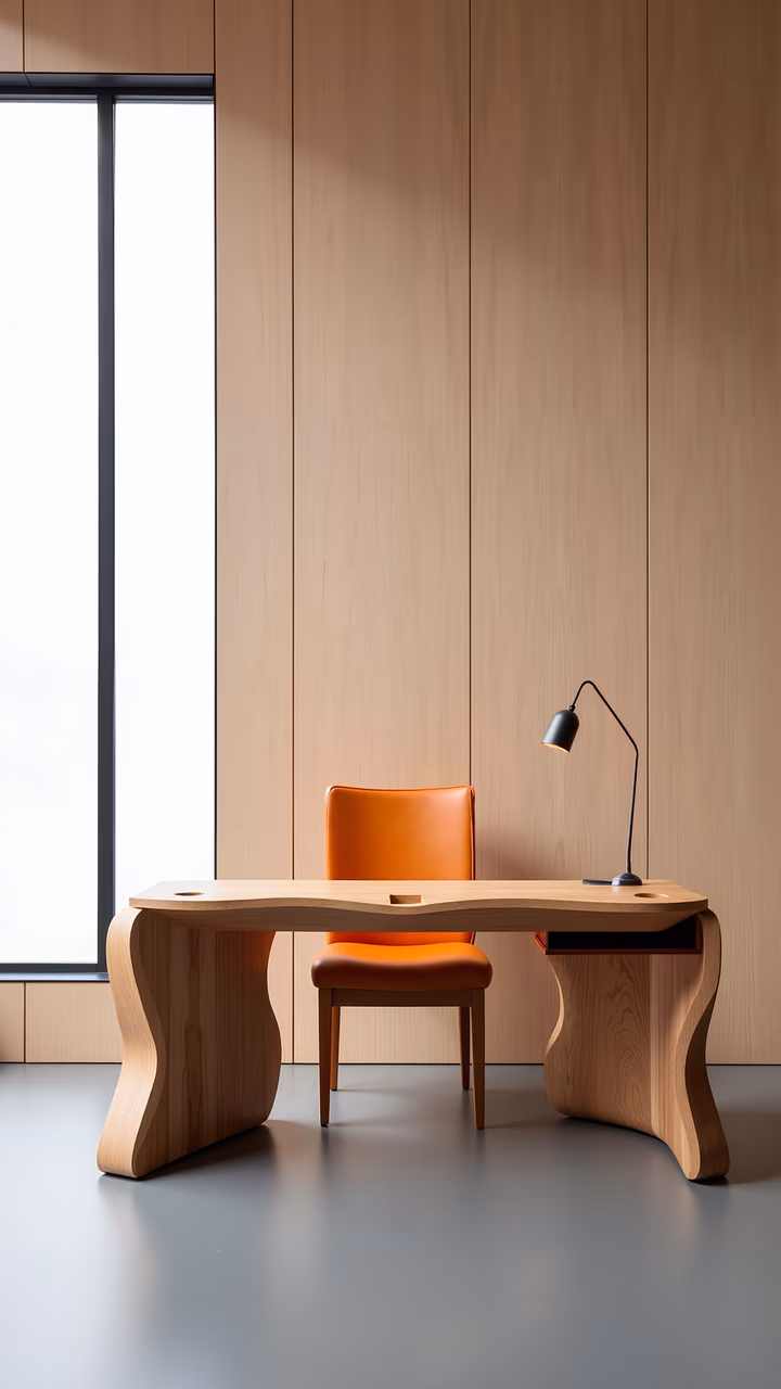 Minimalist wooden desk with orange chair and black lamp, modern interior design.