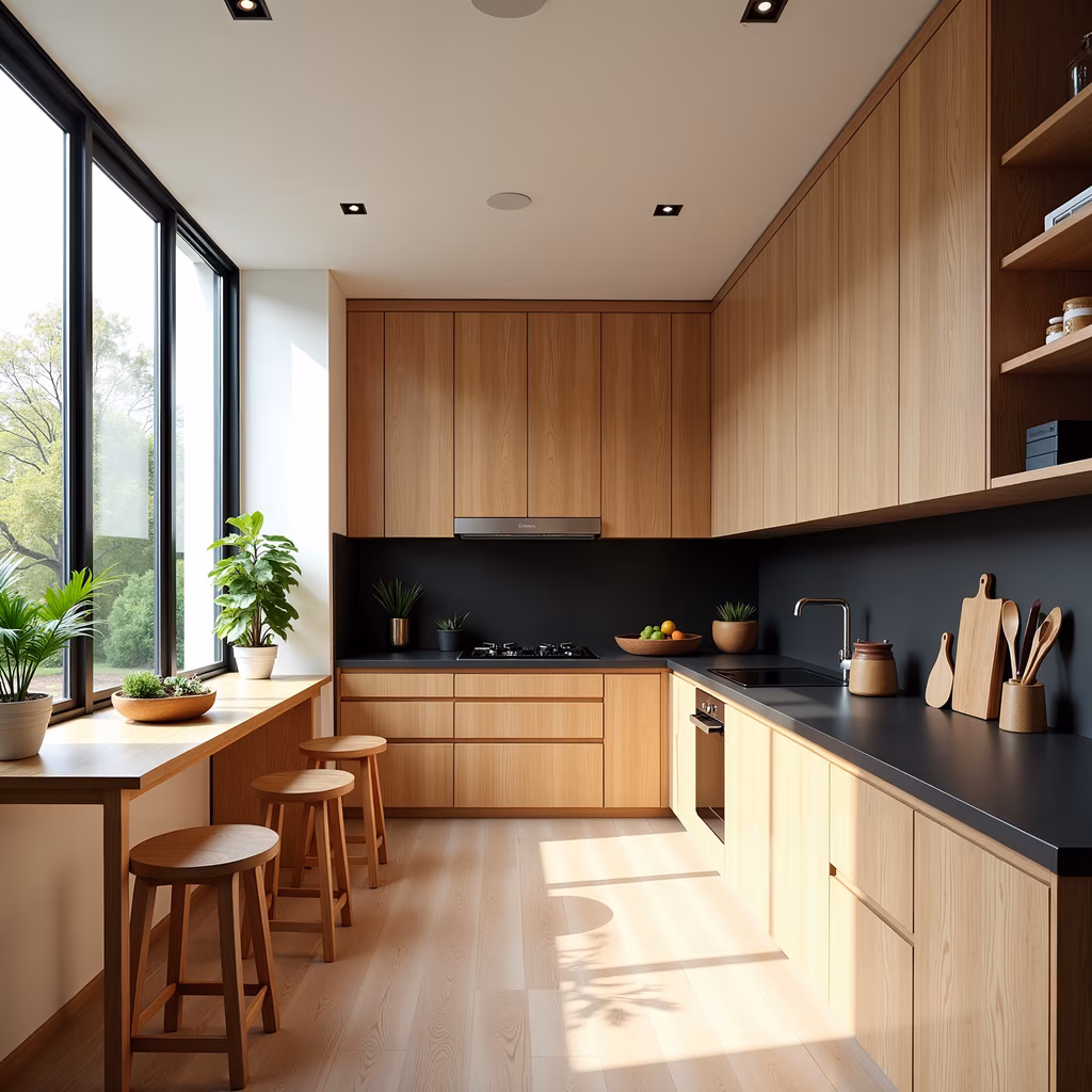 Modern kitchen with wooden cabinets and black backsplash, featuring natural light and greenery.