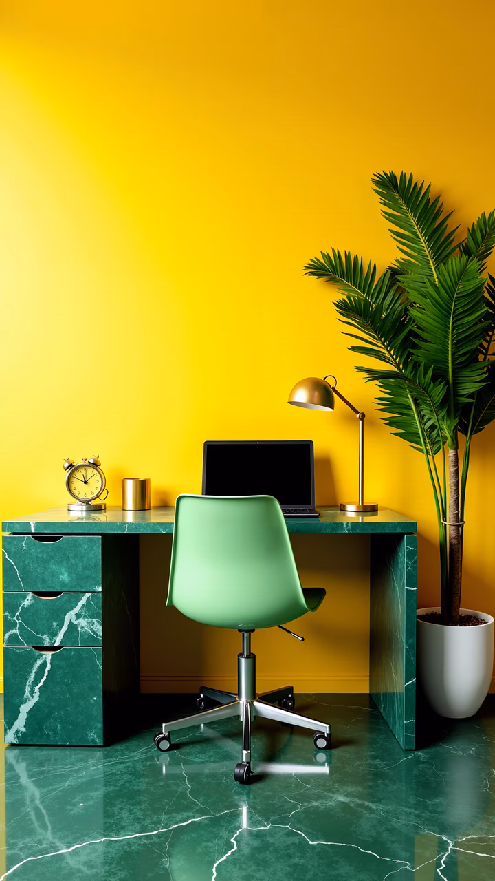 Bold yellow walls and green marble desk create a modern and stylish workspace.