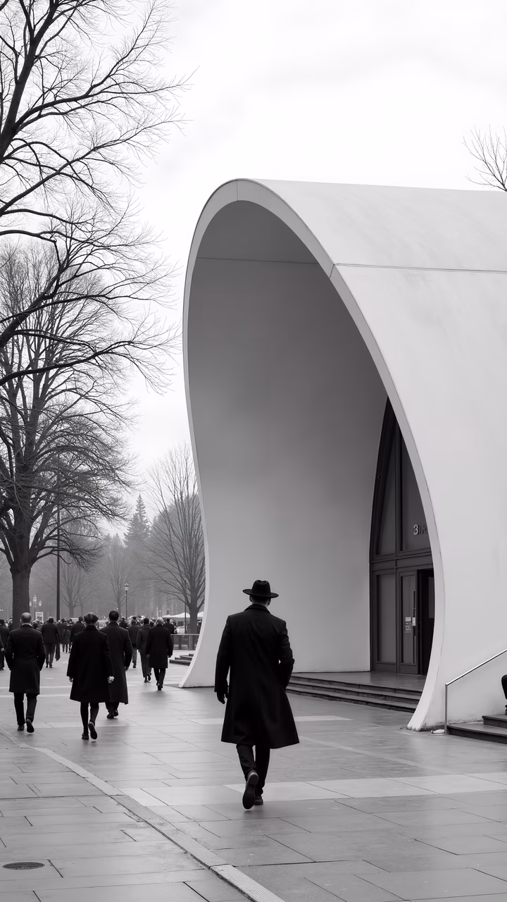 Solitary figure approaching modern architecture in a monochrome urban landscape.