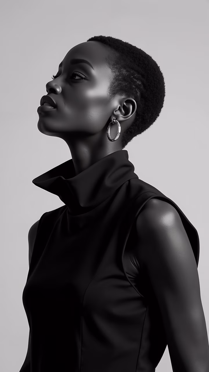 Bold monochrome fashion illustration featuring a confident woman in a high-necked dress.