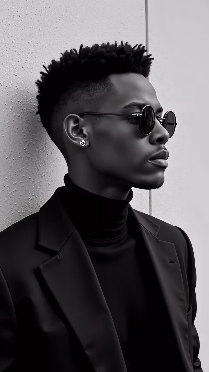 Monochrome fashion portrait of a stylish individual in a black suit and turtleneck.
