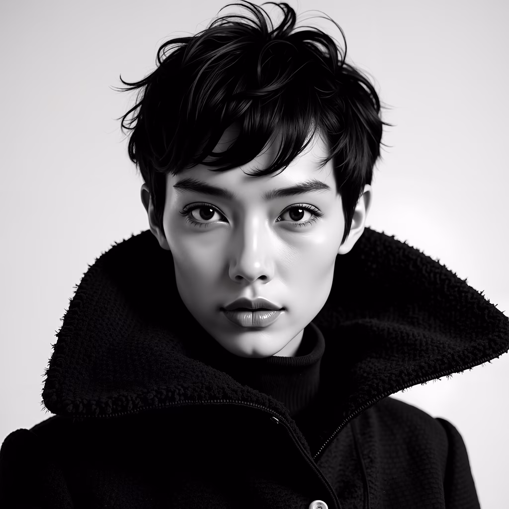 High-contrast monochrome portrait of a person with textured clothing, evoking intensity and contemplation.