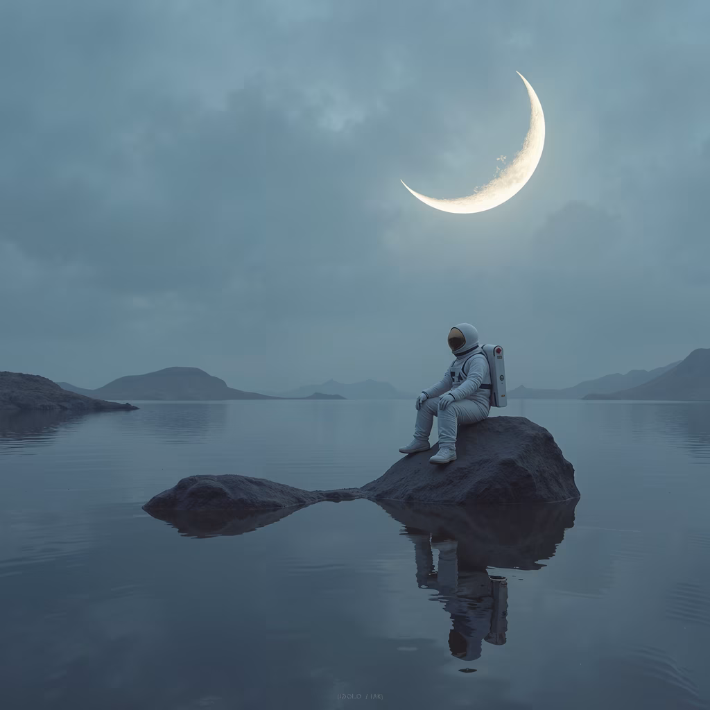Astronaut sitting on a rock, gazing at a crescent moon over a calm lake.