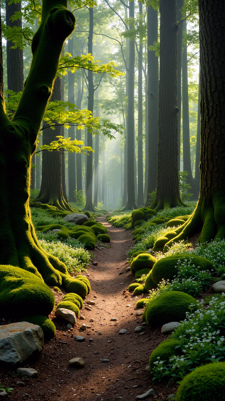 A tranquil moss-covered forest path bathed in natural light.