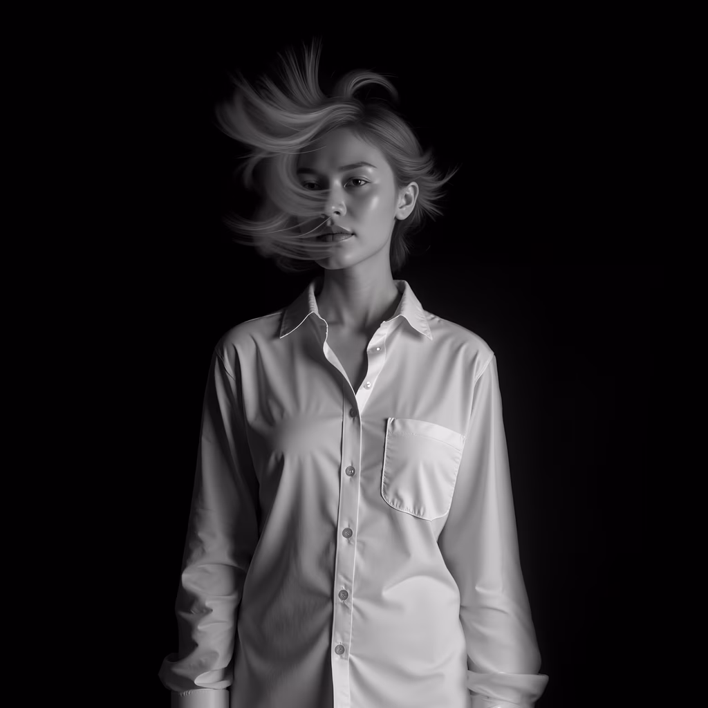 Monochrome motion portrait of a woman in a crisp white shirt, capturing dynamic hair movement against a stark black backdrop.