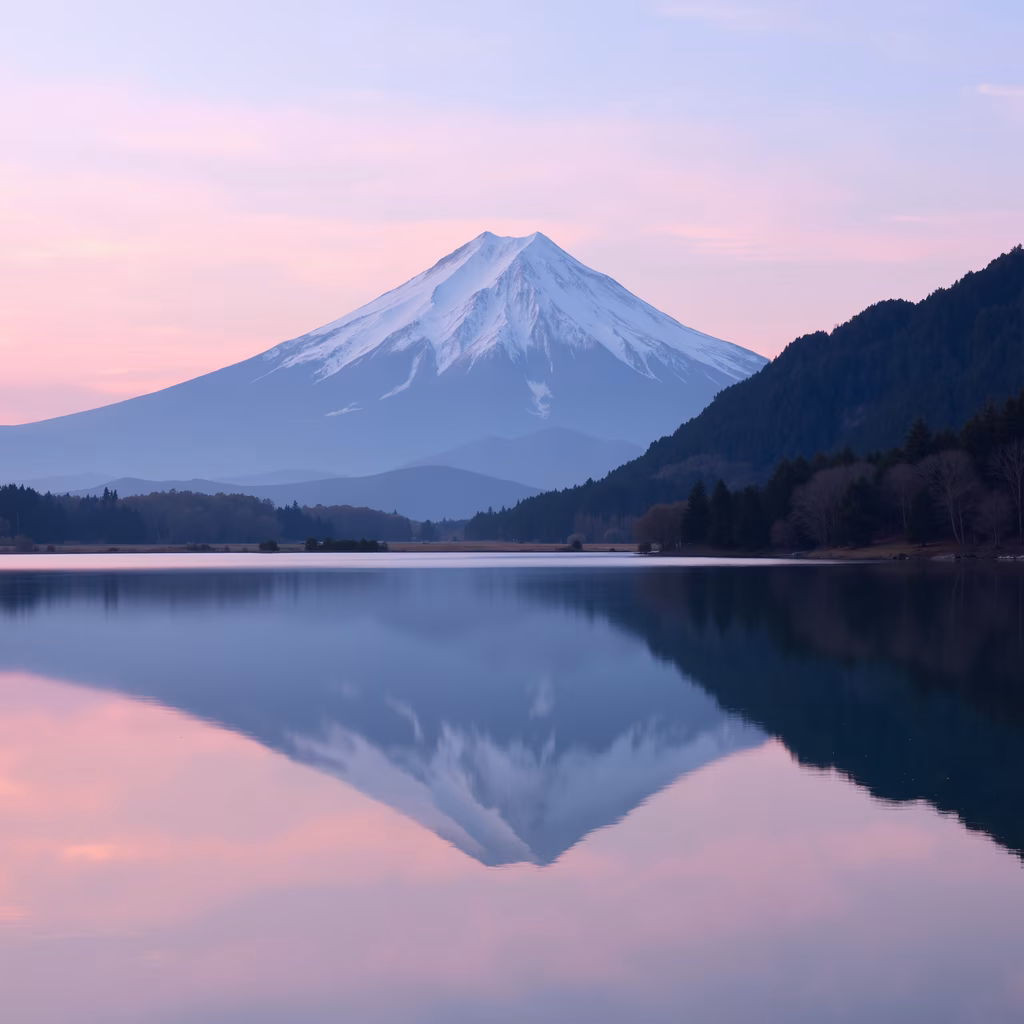 Serene sunrise over Mount Fuji reflected in Lake Tanuki