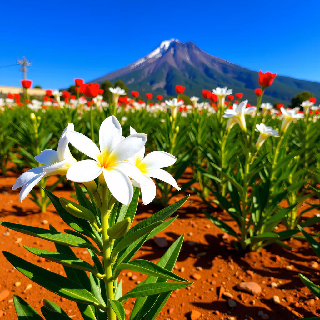 A stunning floral landscape with a mountain in the background, captured in natural light.