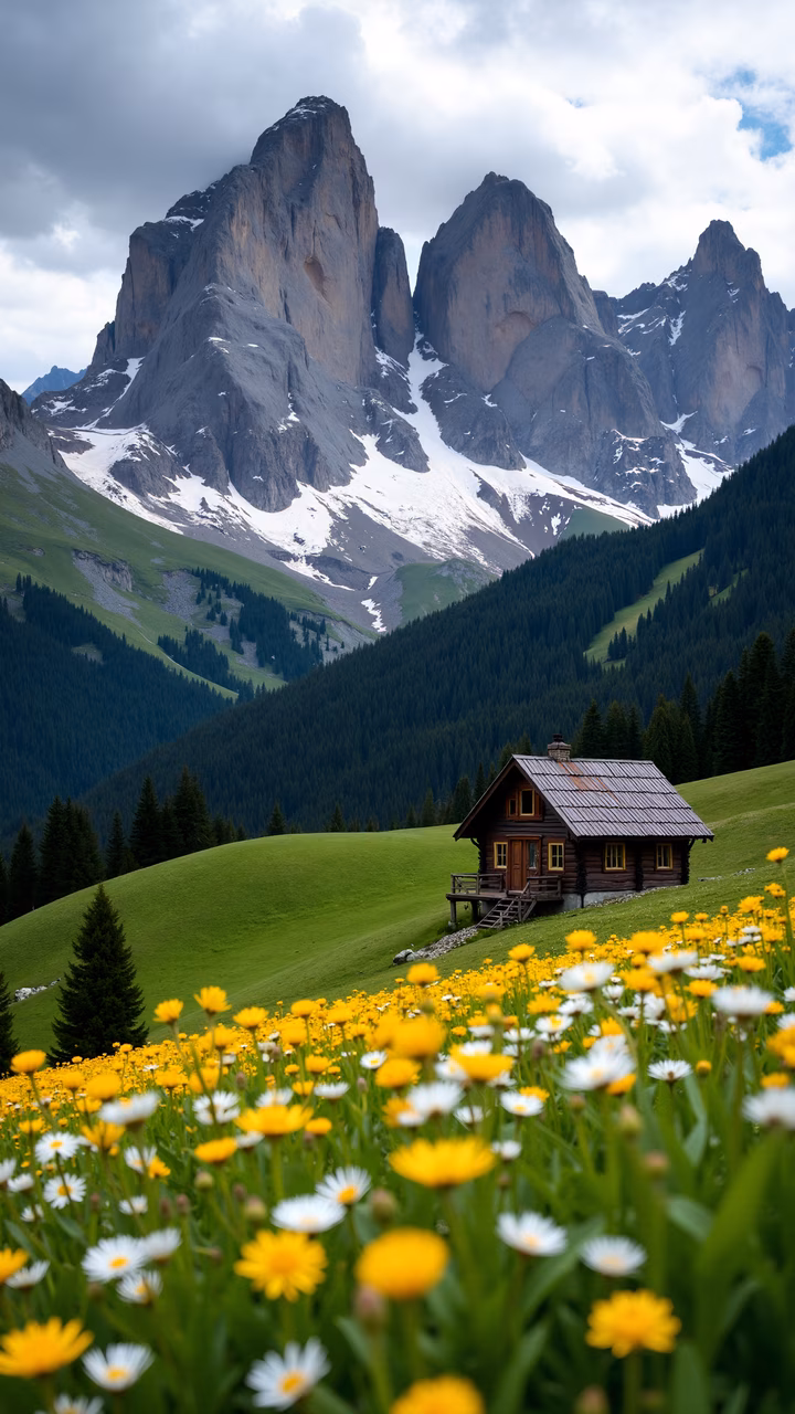 A peaceful mountain cabin surrounded by blooming flowers and towering peaks.