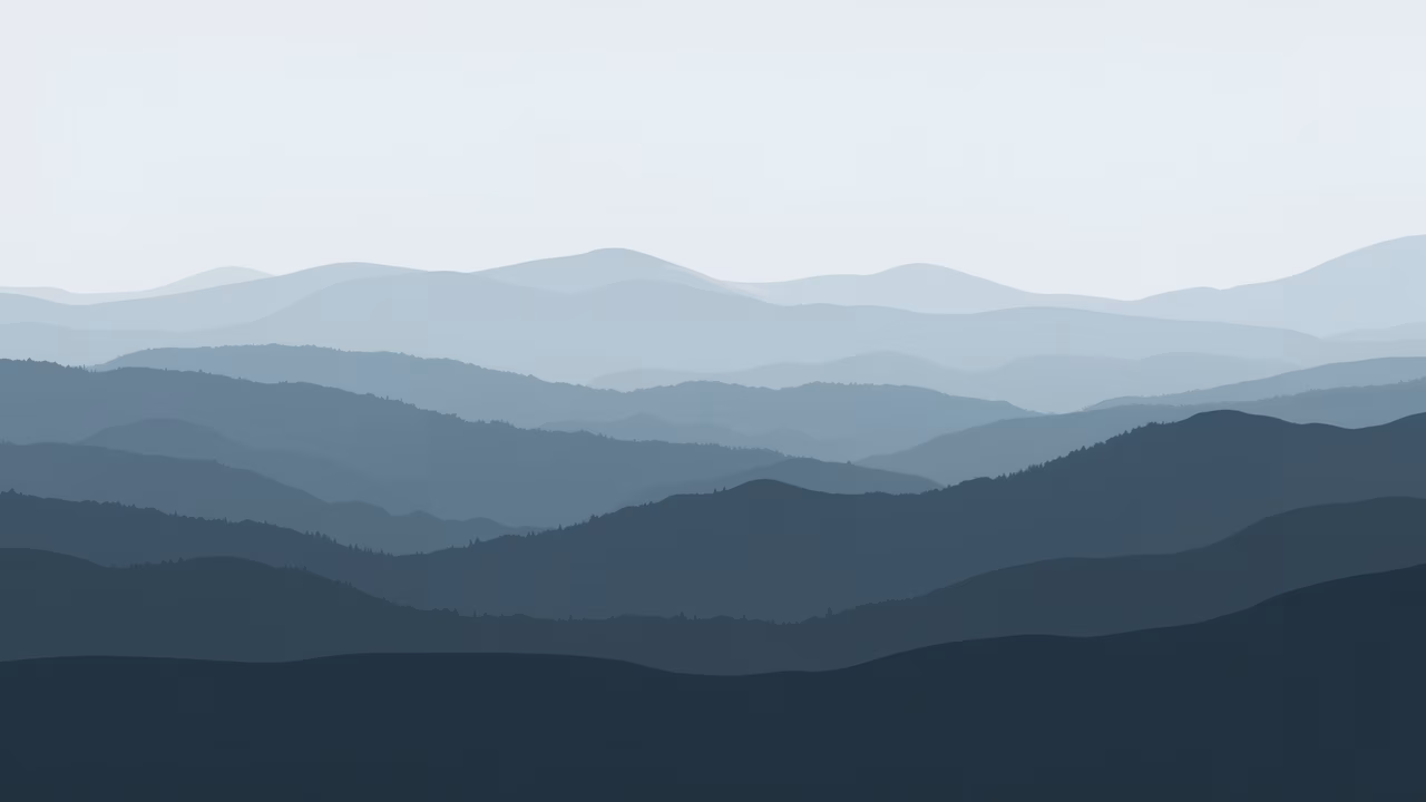 Muted blue-gray tones depict a tranquil mountain landscape with layered hills and distant peaks.