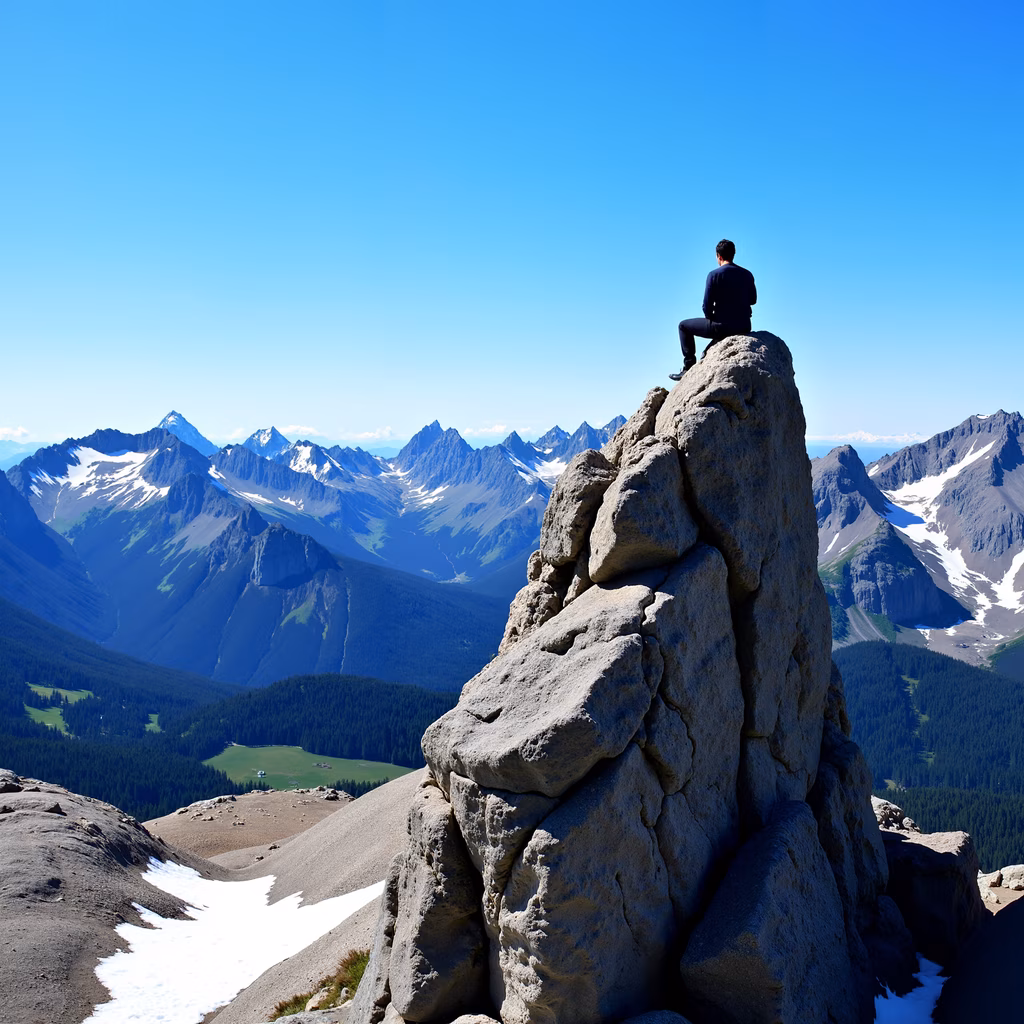 Solitary figure on mountain summit overlooking majestic landscape.