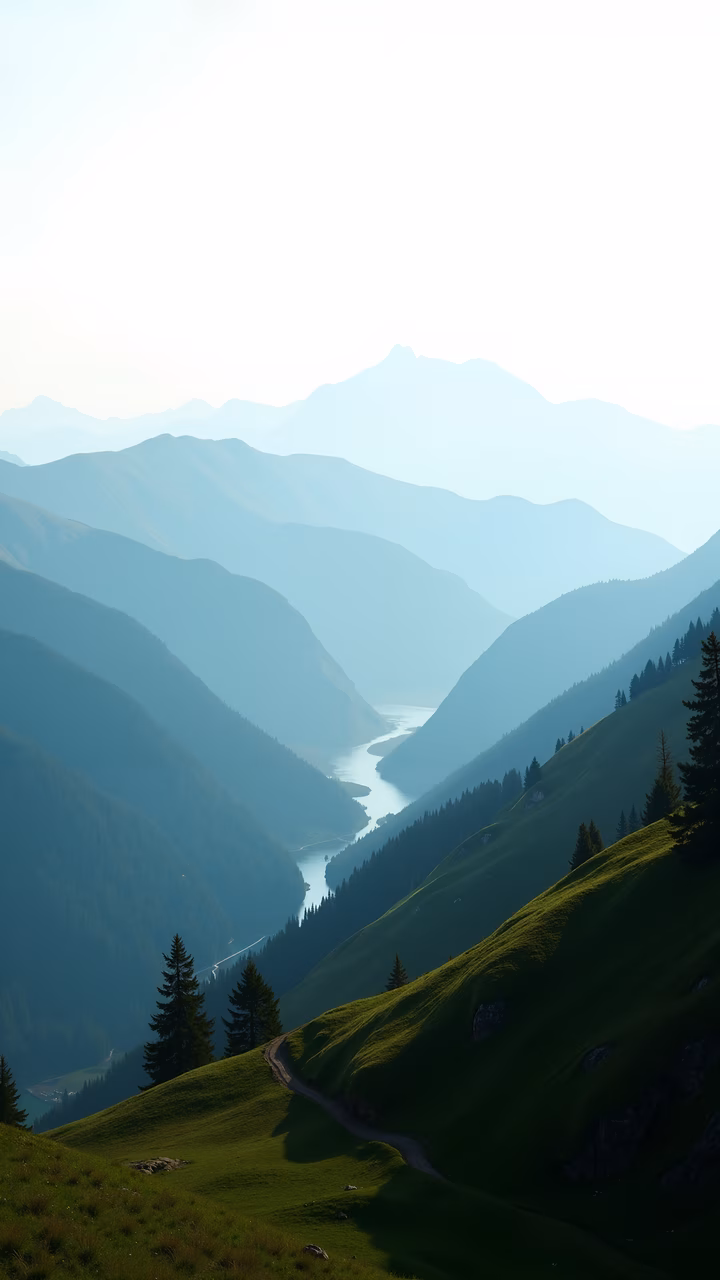 A picturesque mountain valley with vibrant greenery and a winding river.