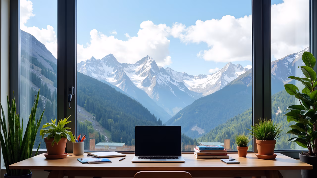 Modern office with mountain view and natural light.