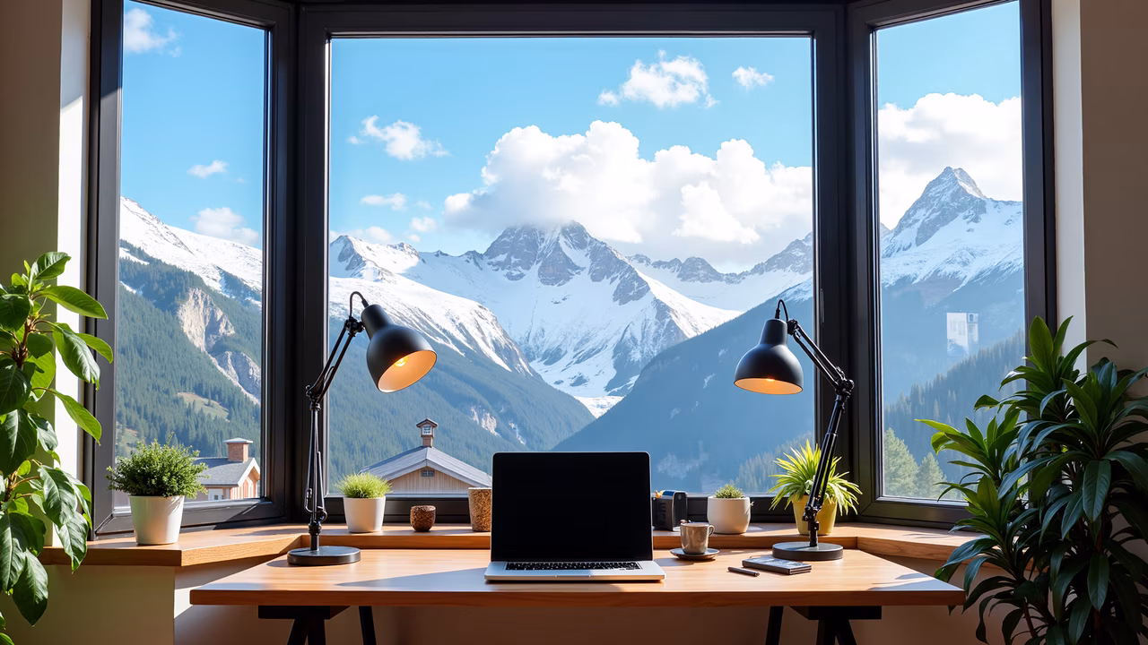 A tranquil office space with a stunning mountain view, blending nature and technology.
