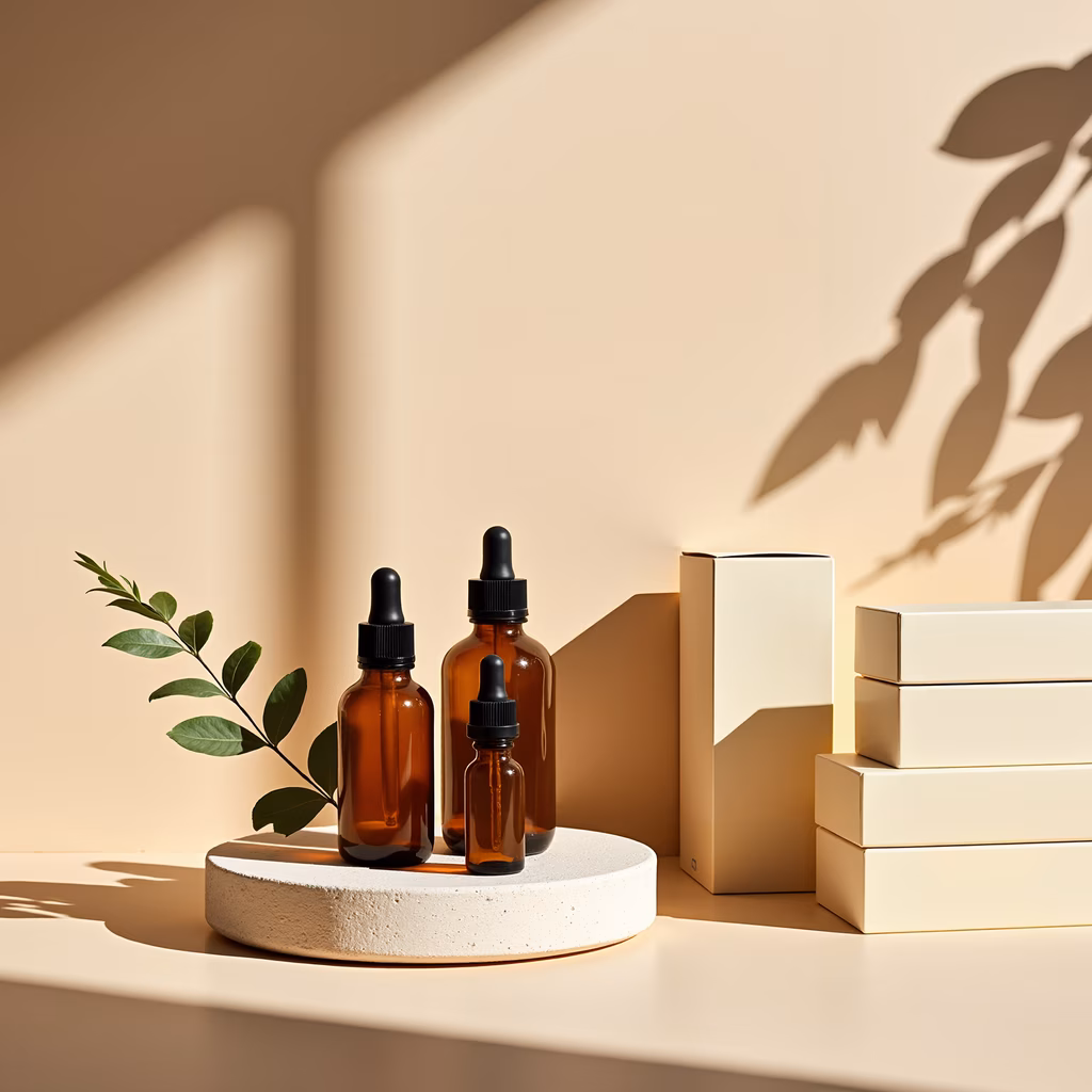 Minimalist display of natural cosmetics with amber bottles and greenery in warm lighting.