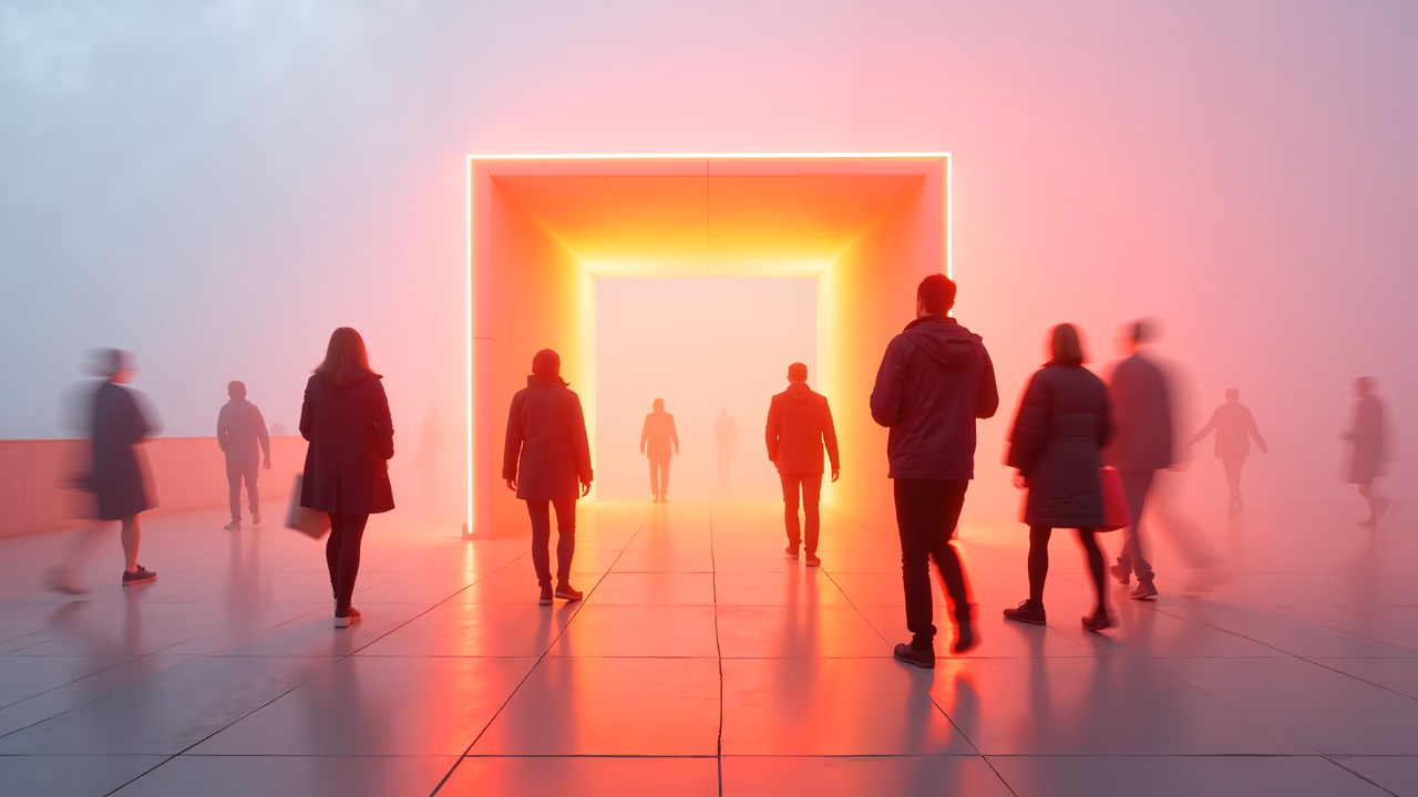 Surreal neon portal with silhouetted figures in a mysterious atmosphere.