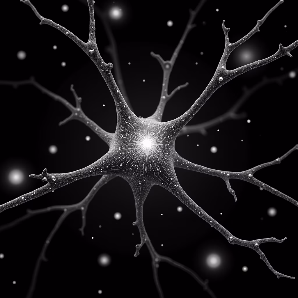Monochrome neuron illustration highlighting cellular complexity.