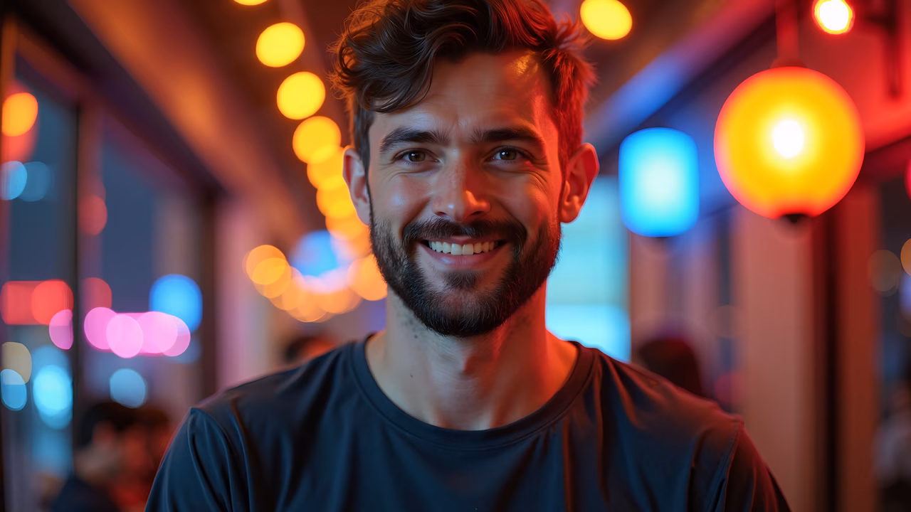 Bright smile captured in a vibrant nightlife setting.