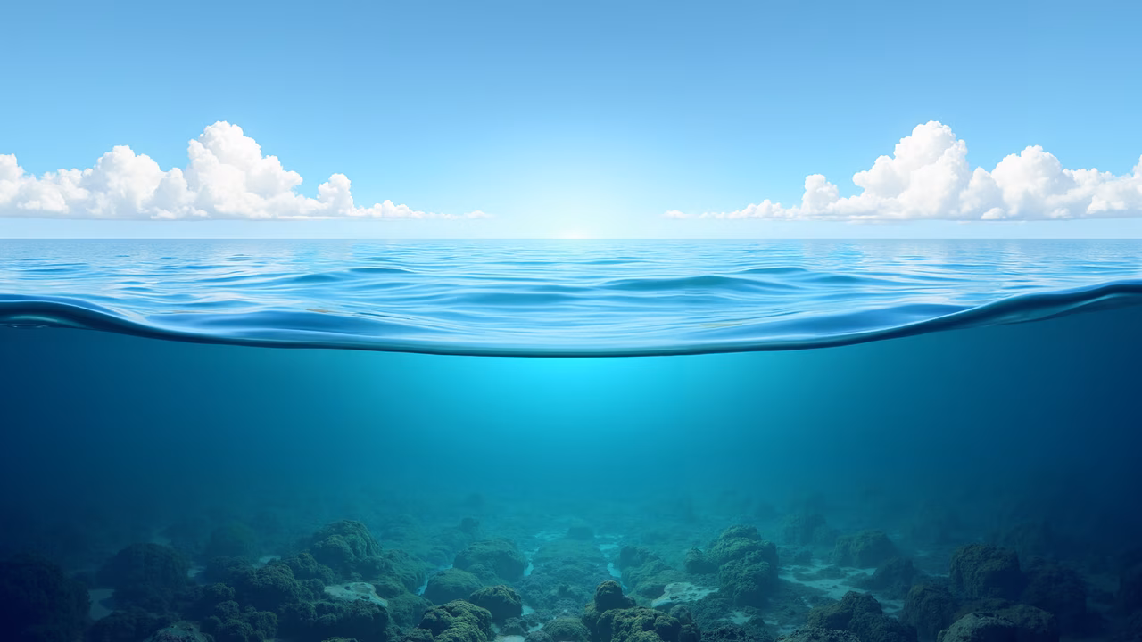 A split view of ocean's serene sky and vibrant underwater world.