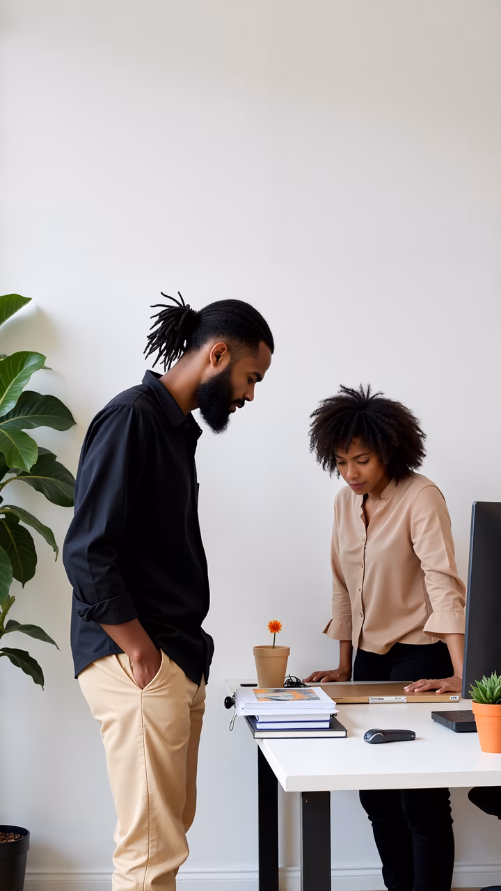 Two professionals collaborating in a modern office setting.