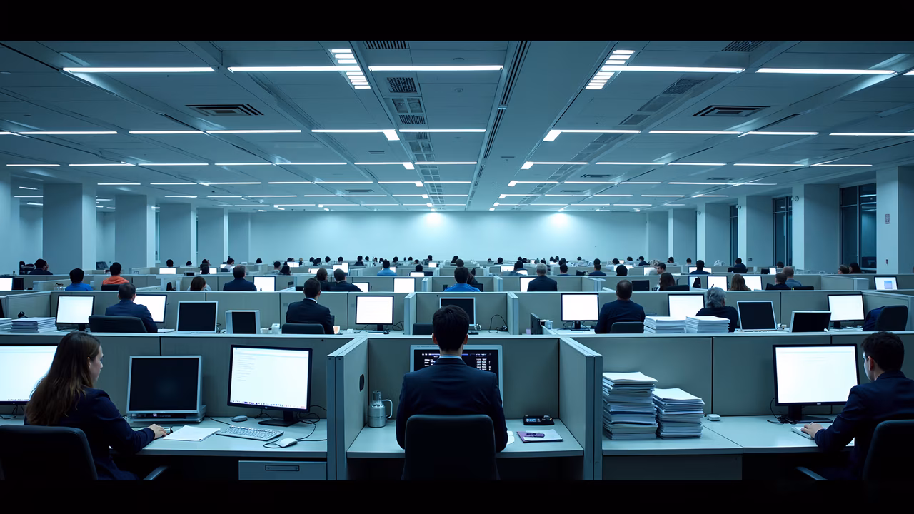 A bustling office environment with workers at their desks.
