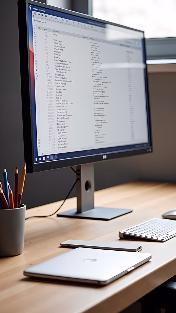 A tidy office setup with a laptop, keyboard, mouse, and colored pencils on a wooden desk.