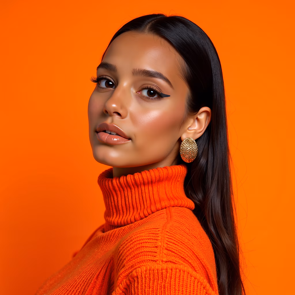 Bold orange fashion portrait with glossy makeup and elegant accessories.