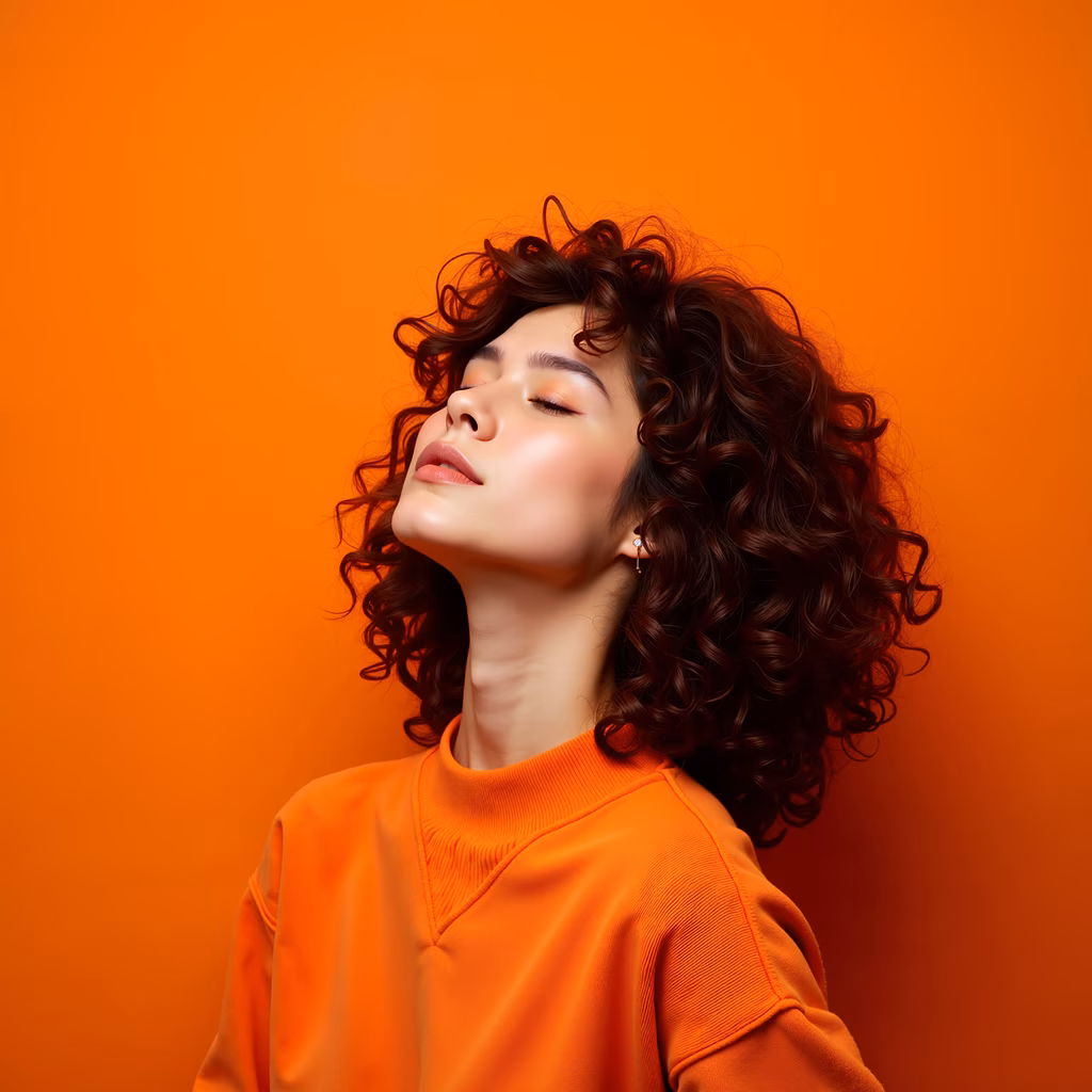 A serene portrait with warm orange tones and soft lighting.