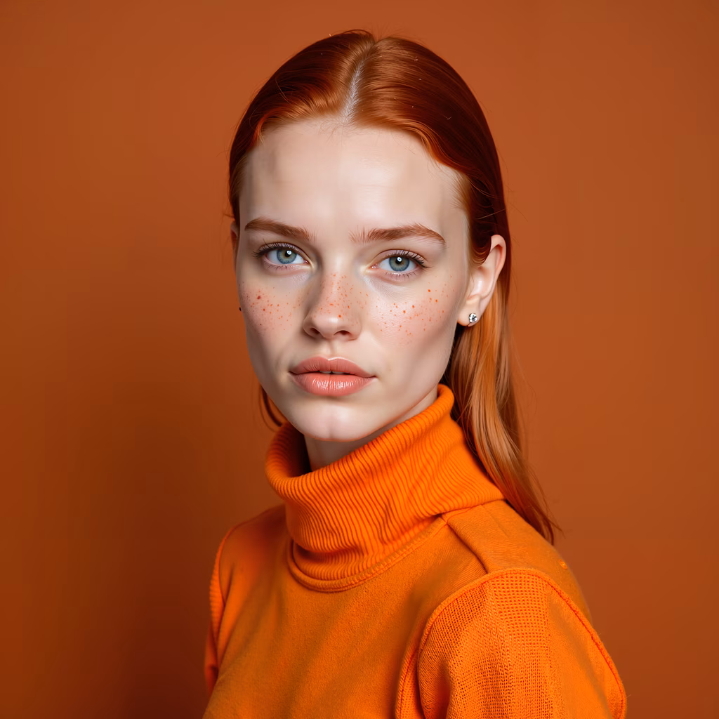 Close-up portrait of freckled individual in vibrant orange attire, set against a warm backdrop.