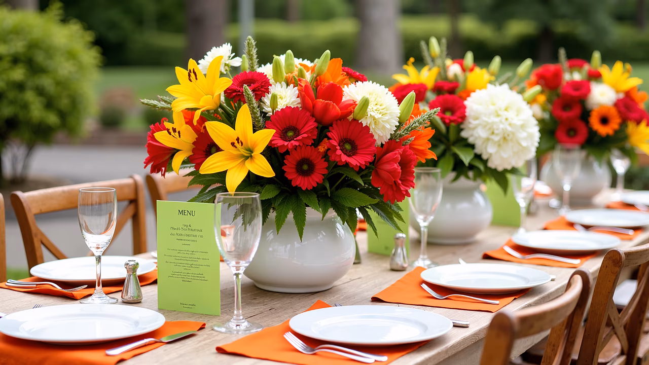 Elegant outdoor dining setup with colorful flowers and orange napkins.