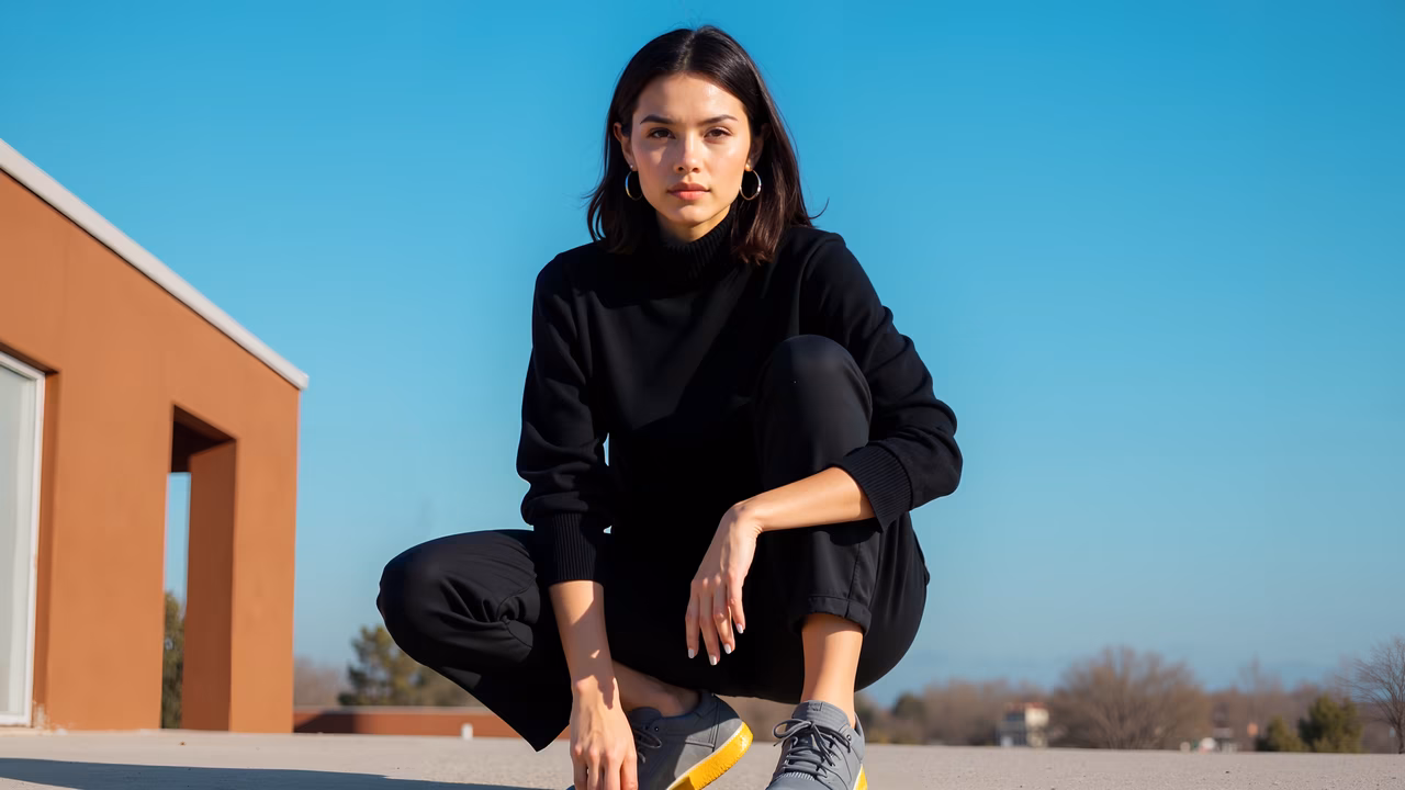 Casual fashion in an urban setting under a clear blue sky.