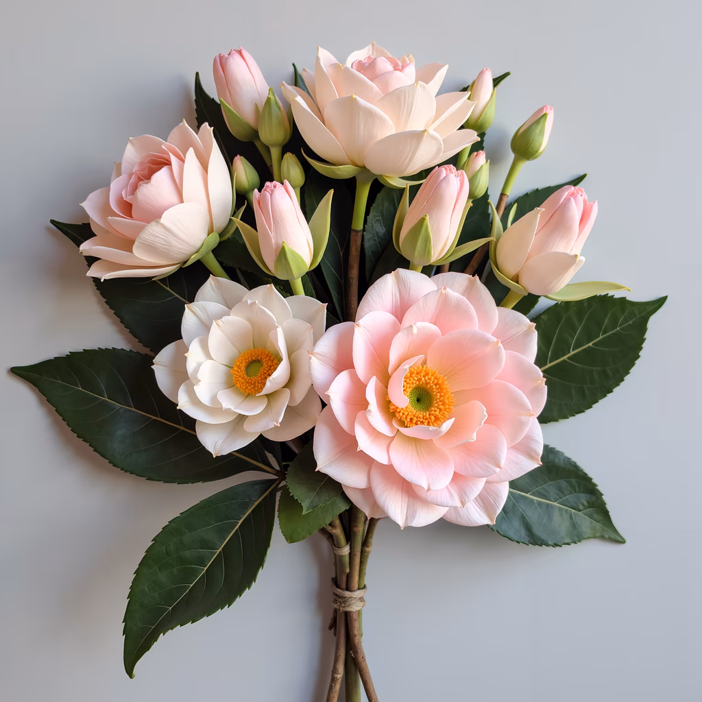 A peaceful bouquet of pastel flowers with soft lighting and greenery.