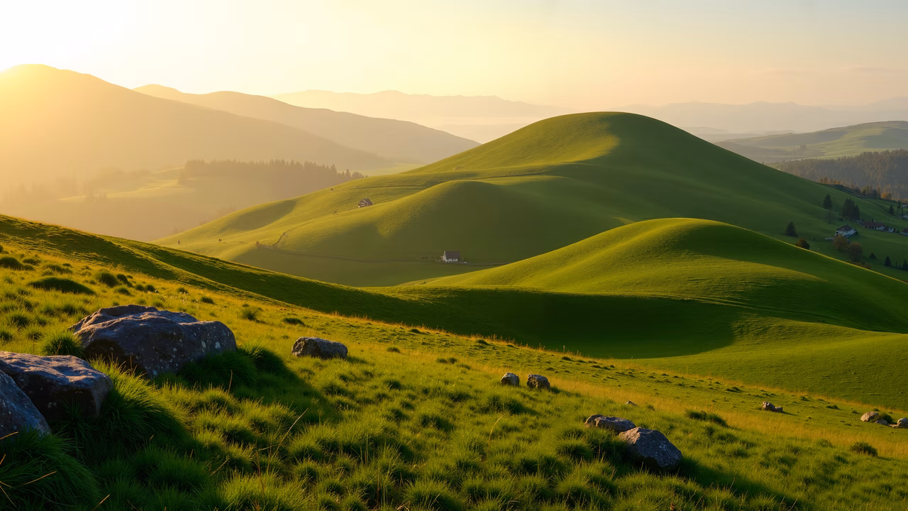 Rolling green hills under a setting sun, evoking tranquility and solitude.