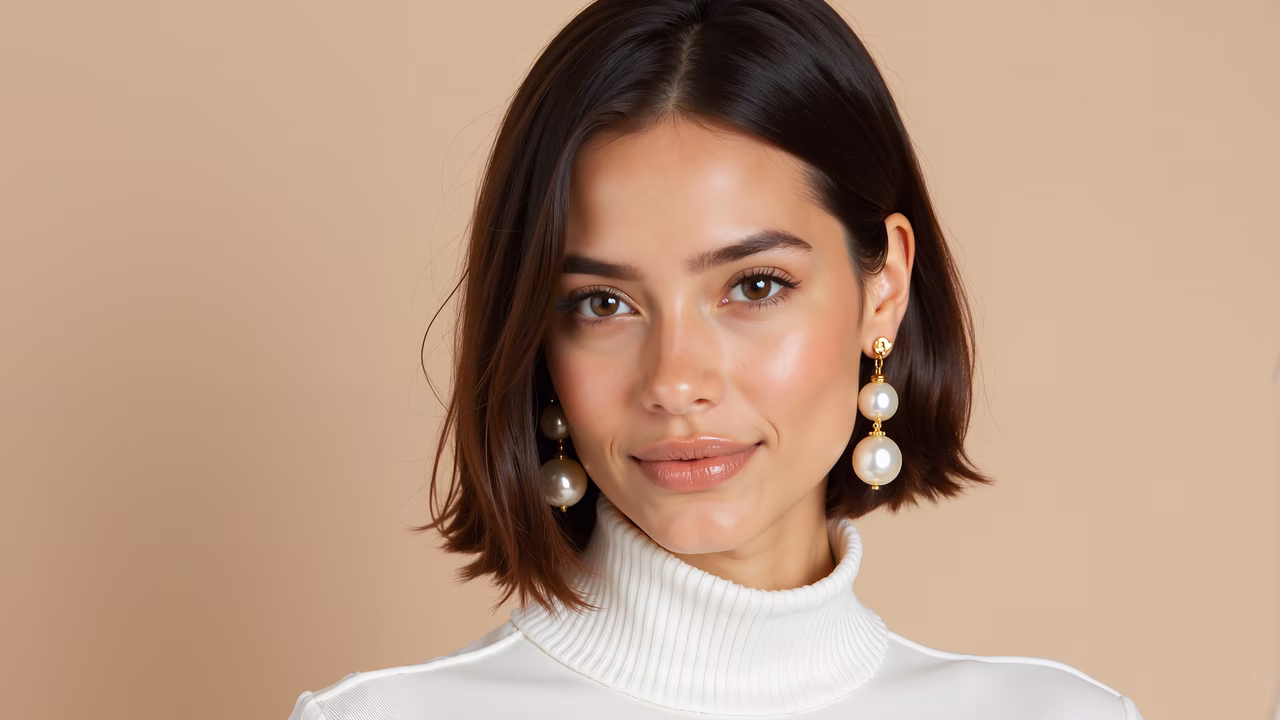 Elegant pearl earrings in a soft beige portrait setting.