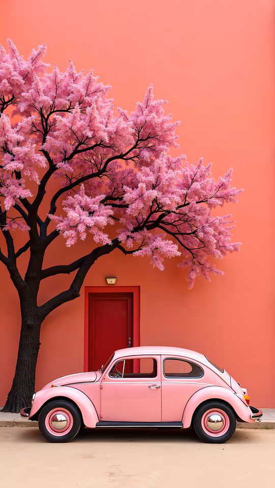 Pink Car and Blossoming Tree