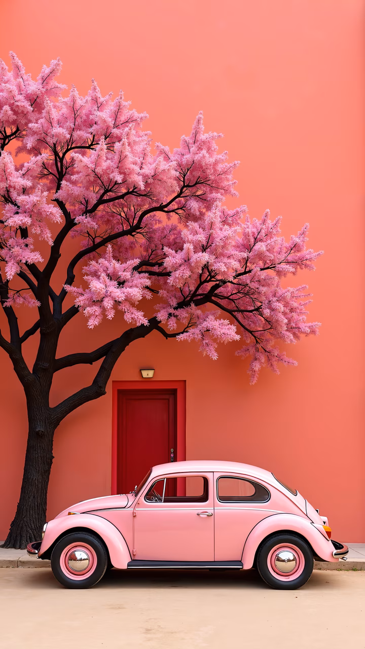 A pink car and blossoming tree against a coral wall, capturing springtime joy.