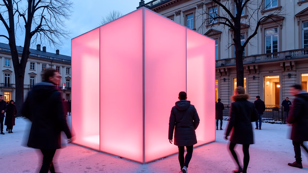 A glowing pink cube installation in a snowy urban setting.